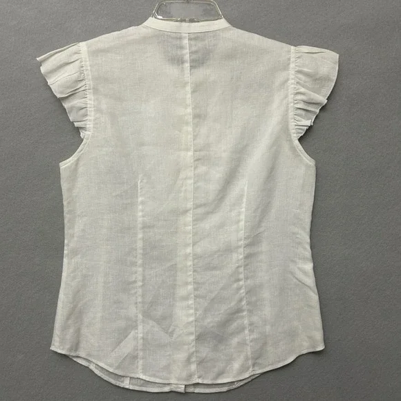 David Brooks Blouse Womens Med White 100% Linen Ruffle Flutter Sleeve Button Up - Picture 3 of 12